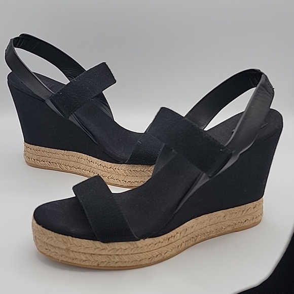 TORY BURCH Wedge Sandal Espadrille Slingback 2 Band Canvas & Leather Black US 10 - Picture 4 of 13